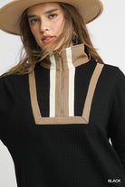 Umgee Waffle Knit Zip Collar Tunic Dress in Black A Casual Long Sleeve Mini Dress-Dresses-Umgee-Deja Nu Boutique, Women's Fashion Boutique in Lampasas, Texas