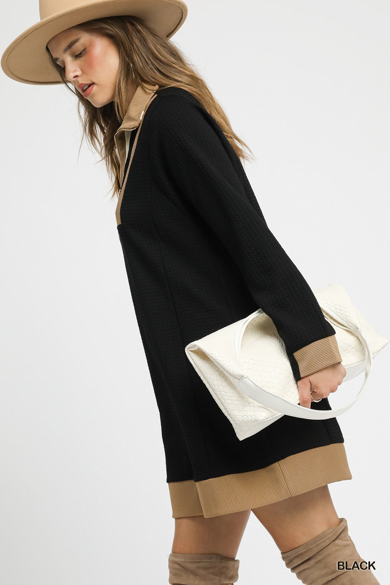 Umgee Waffle Knit Zip Collar Tunic Dress in Black A Casual Long Sleeve Mini Dress-Dresses-Umgee-Deja Nu Boutique, Women's Fashion Boutique in Lampasas, Texas