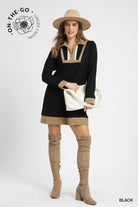 Umgee Waffle Knit Zip Collar Tunic Dress in Black A Casual Long Sleeve Mini Dress-Dresses-Umgee-Deja Nu Boutique, Women's Fashion Boutique in Lampasas, Texas