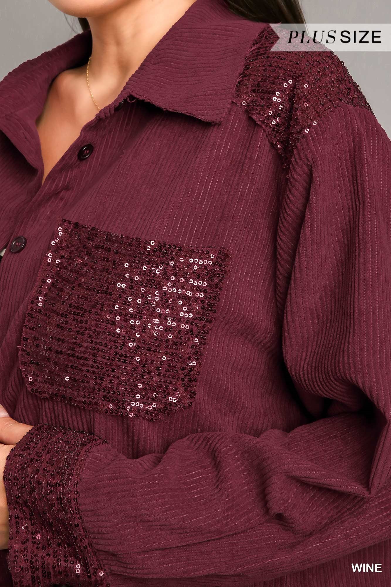 Umgee Wine Corduroy Jacket With Sequin Details Plus-Curvy/Plus Outerwear-Umgee-Deja Nu Boutique, Women's Fashion Boutique in Lampasas, Texas