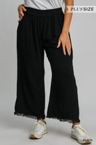 Umgee Plus Size Black Linen Blend Wide Leg Pants with Frayed Hem-Curvy/Plus Pants-Umgee-Deja Nu Boutique, Women's Fashion Boutique in Lampasas, Texas