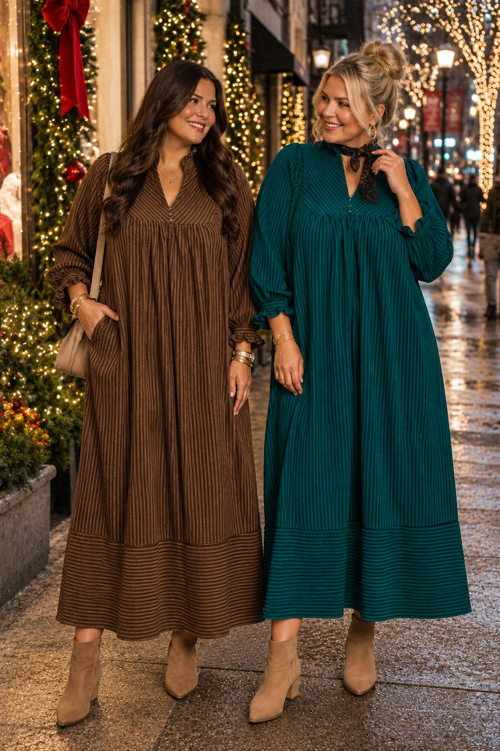 Umgee Striped Seersucker Midi Dress Plus Size – Teal & Cappuccino-Curvy/Plus Dresses-Umgee-Deja Nu Boutique, Women's Fashion Boutique in Lampasas, Texas