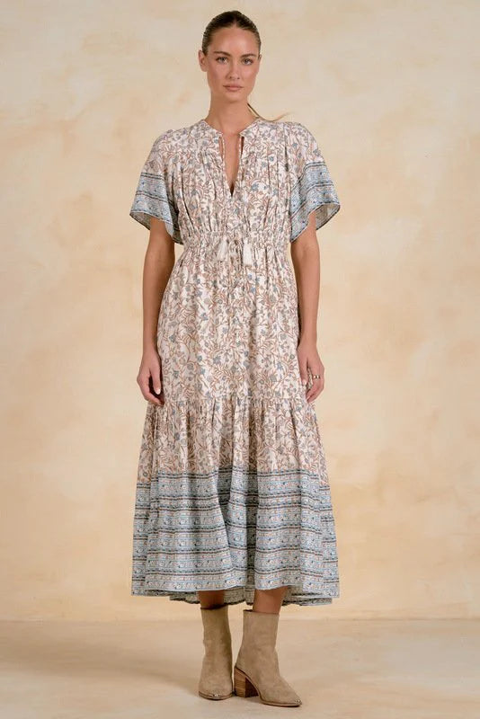 Elan Blue Whimsy Print Elastic Waist Maxi Dress-Maxi Dresses-Elan-Deja Nu Boutique, Women's Fashion Boutique in Lampasas, Texas