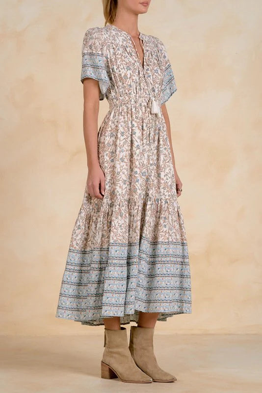 Elan Blue Whimsy Print Elastic Waist Maxi Dress-Maxi Dresses-Elan-Deja Nu Boutique, Women's Fashion Boutique in Lampasas, Texas