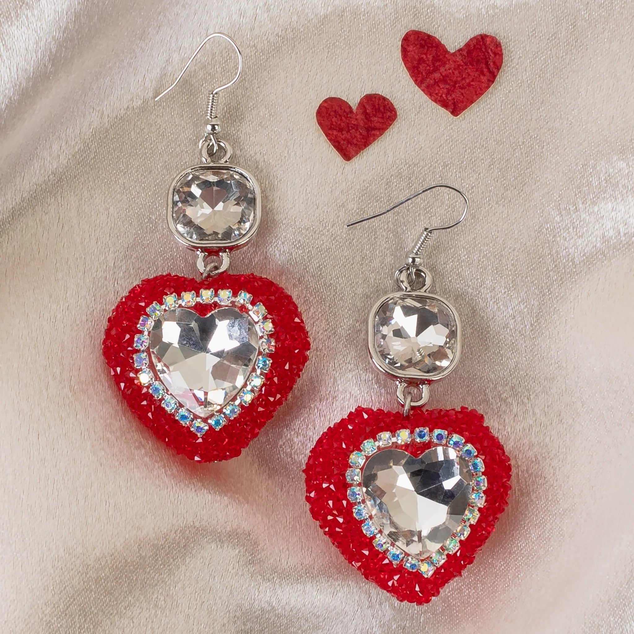 Valentine Rhinestone And Crystal Puffed Heart Earrings-Earrings-Deja Nu Tx-Deja Nu Boutique, Women's Fashion Boutique in Lampasas, Texas