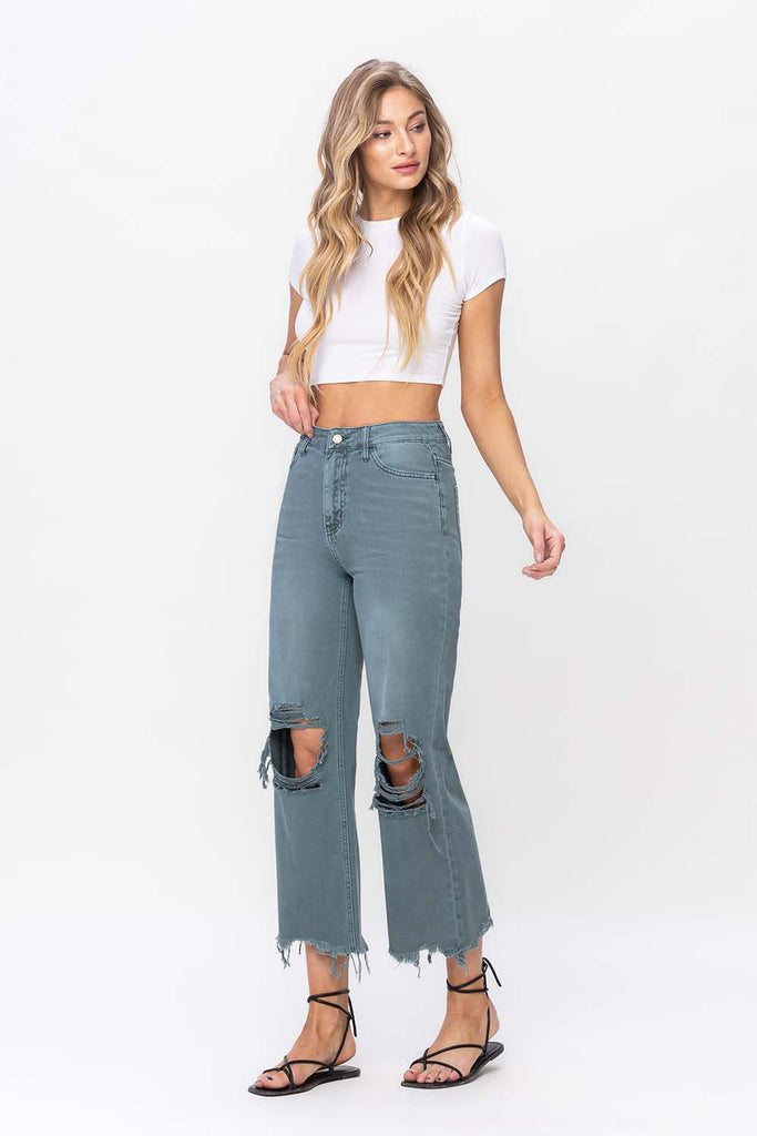 Vervet by Flying Monkey 90's Vintage Super High Rise Crop Deconstructed Flare Jeans In Mallard Green-Jeans-Vervet by Flying Monkey-Deja Nu Boutique, Women's Fashion Boutique in Lampasas, Texas