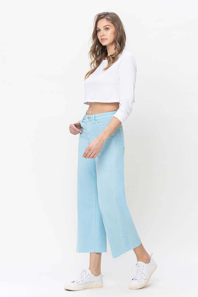 Vervet by Flying Monkey High Rise Crop Wide Leg Jeans In Pastel Turquoise-Jeans-Vervet by Flying Monkey-Deja Nu Boutique, Women's Fashion Boutique in Lampasas, Texas