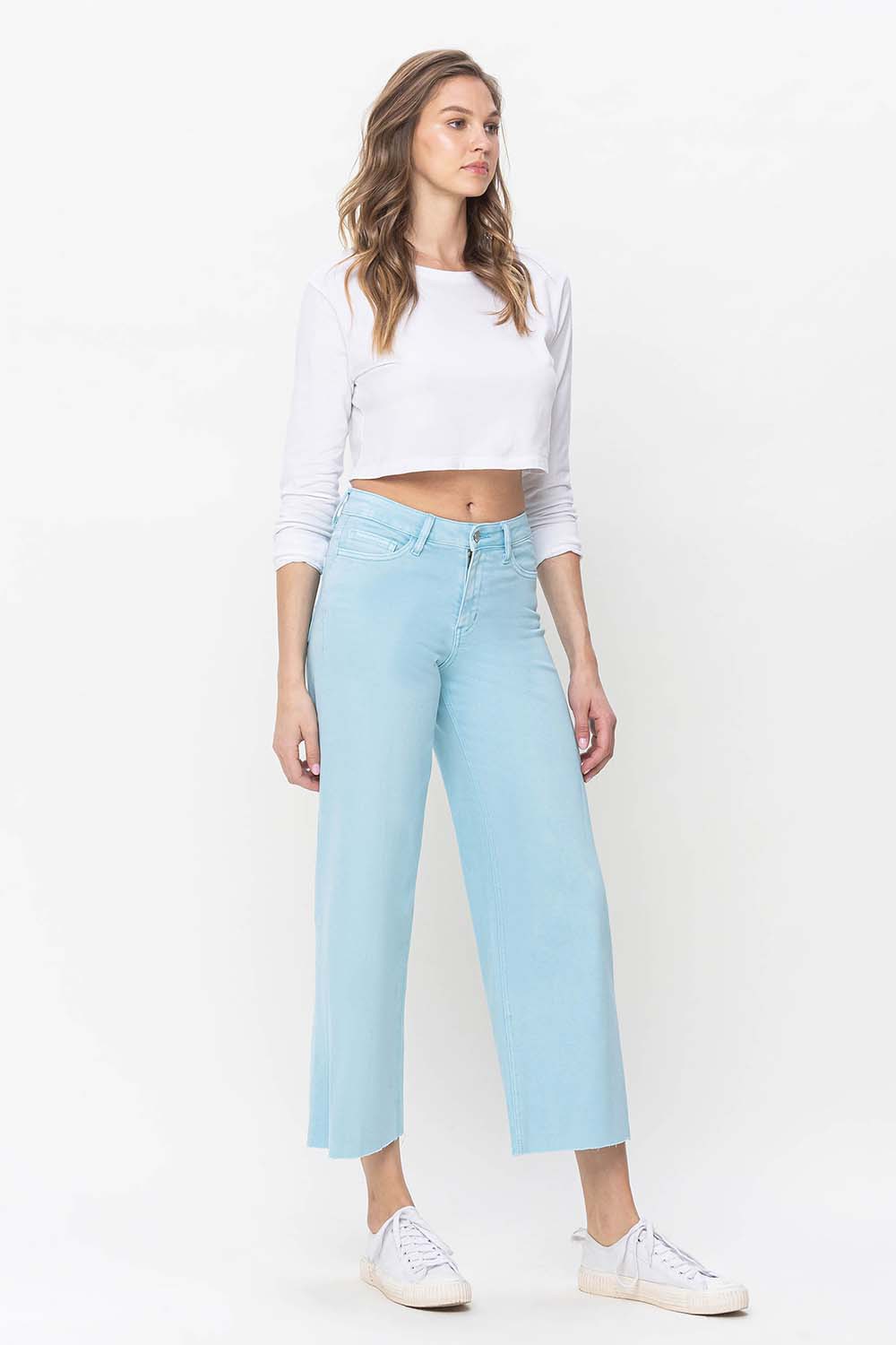 Vervet by Flying Monkey High Rise Crop Wide Leg Jeans In Pastel Turquoise-Jeans-Vervet by Flying Monkey-Deja Nu Boutique, Women's Fashion Boutique in Lampasas, Texas