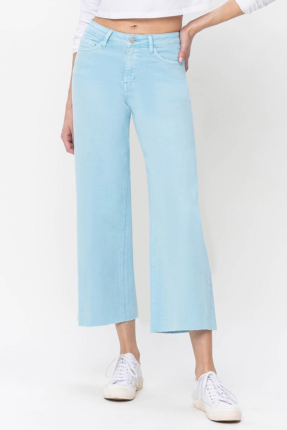 Vervet by Flying Monkey High Rise Crop Wide Leg Jeans In Pastel Turquoise-Jeans-Vervet by Flying Monkey-Deja Nu Boutique, Women's Fashion Boutique in Lampasas, Texas