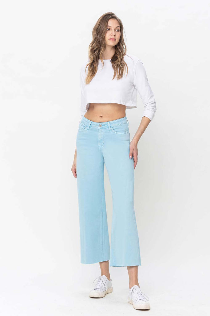 Vervet by Flying Monkey High Rise Crop Wide Leg Jeans In Pastel Turquoise-Jeans-Vervet by Flying Monkey-Deja Nu Boutique, Women's Fashion Boutique in Lampasas, Texas