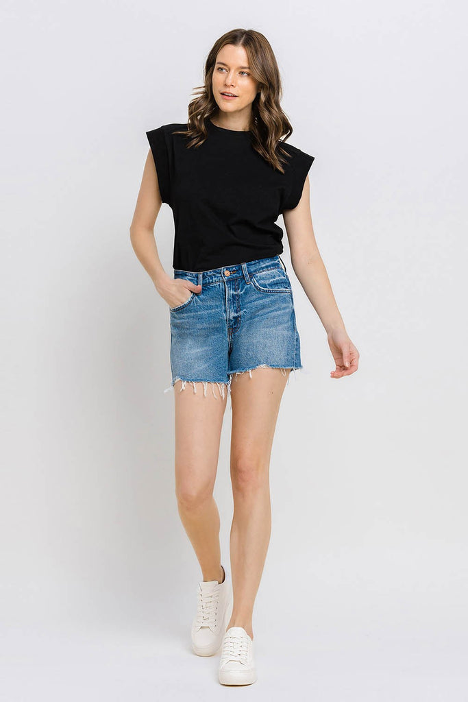 Vervet by Flying Monkey High Rise Distressed Hem A-Line Shorts In Swan River-Shorts-Vervet by Flying Monkey-Deja Nu Boutique, Women's Fashion Boutique in Lampasas, Texas