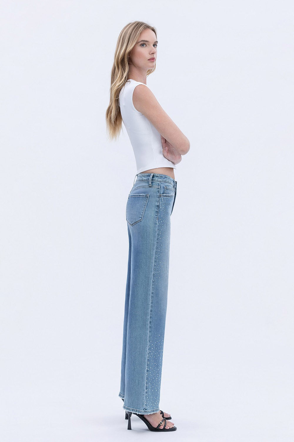 Vervet by Flying Monkey High Rise Rhinestone Embellished Wide Leg Jeans in Hamptons Wash-Jeans-Vervet by Flying Monkey-Deja Nu Boutique, Women's Fashion Boutique in Lampasas, Texas