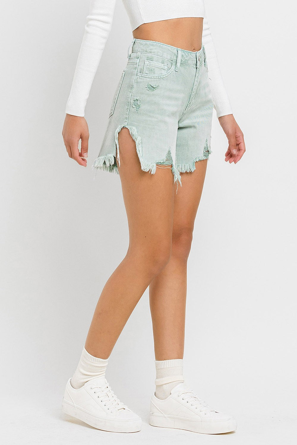 Vervet by Flying Monkey High Rise Side Slit Denim Shorts In Abstracted-Shorts-Vervet by Flying Monkey-Deja Nu Boutique, Women's Fashion Boutique in Lampasas, Texas