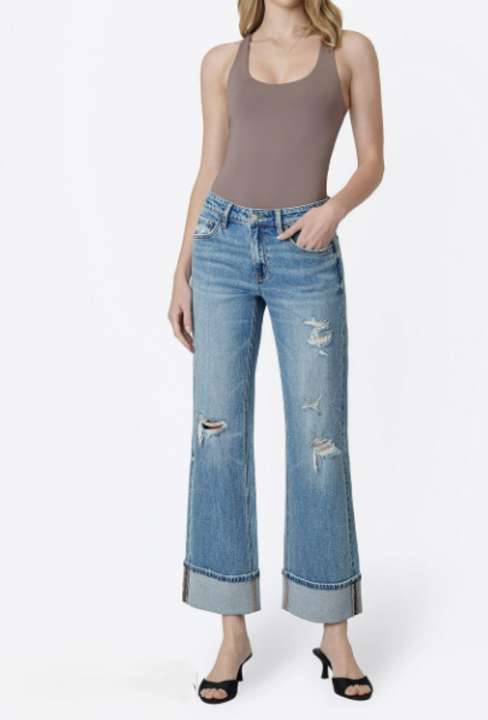 Vervet by Flying Monkey Mid Rise Distressed Cuffed Slim Wide Jeans | Glitz Wash-Jeans-Vervet by Flying Monkey-Deja Nu Boutique, Women's Fashion Boutique in Lampasas, Texas