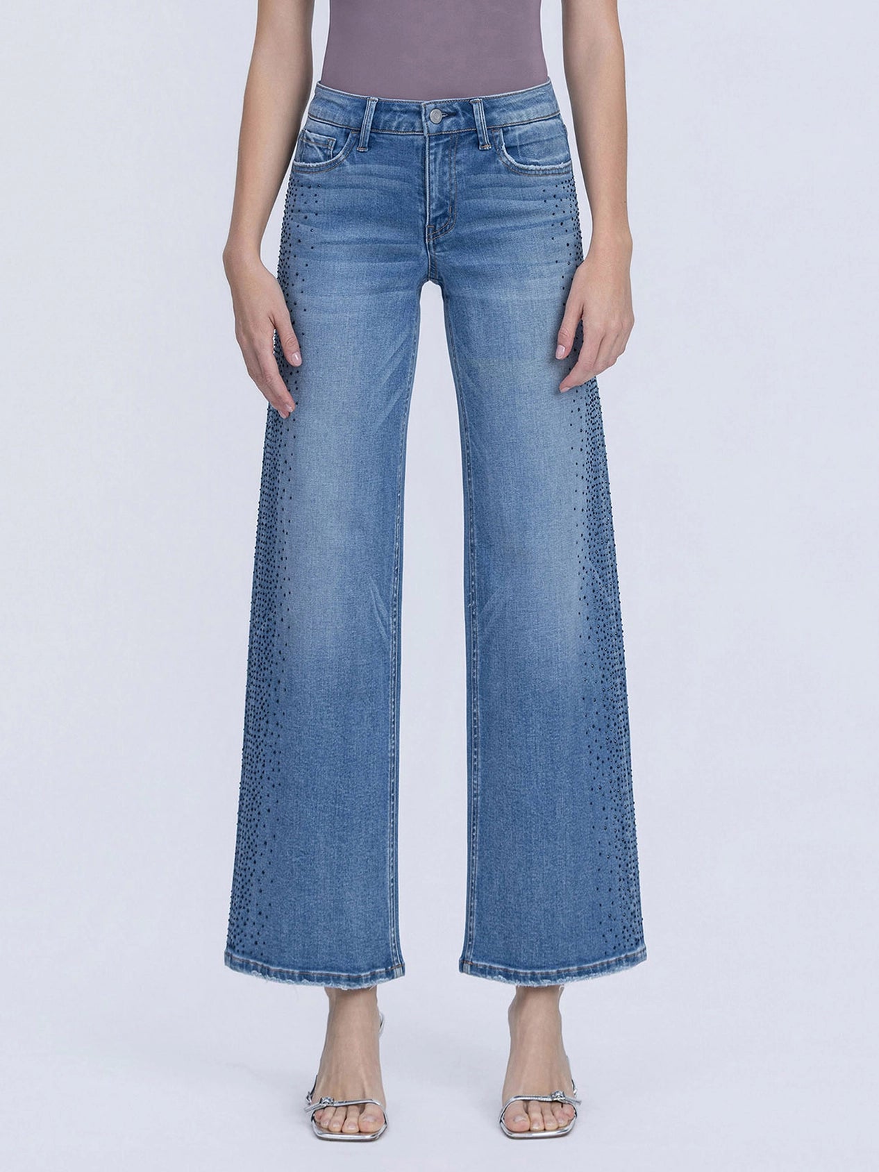 Vervet by Flying Monkey Mid Rise Medium Wash Stone Embellished Wide Jeans in Glow-Jeans-Vervet by Flying Monkey-Deja Nu Boutique, Women's Fashion Boutique in Lampasas, Texas