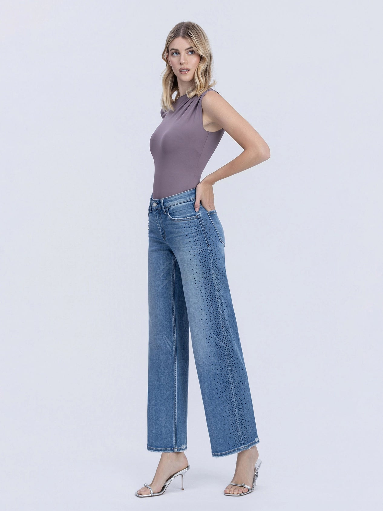 Vervet by Flying Monkey Mid Rise Medium Wash Stone Embellished Wide Jeans in Glow-Jeans-Vervet by Flying Monkey-Deja Nu Boutique, Women's Fashion Boutique in Lampasas, Texas