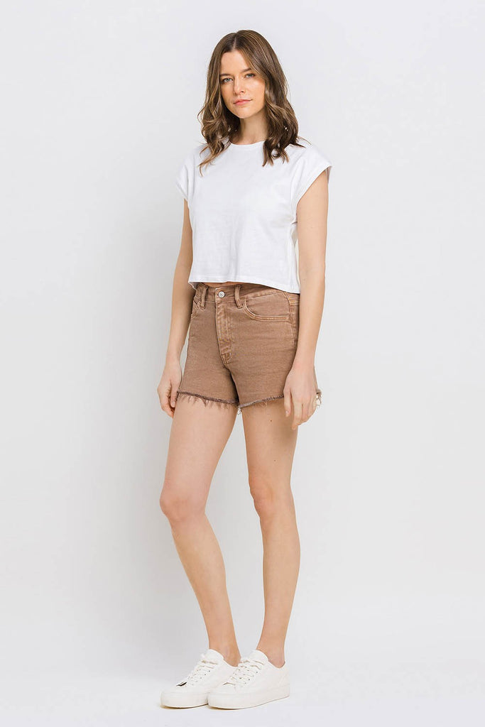 Vervet by Flying Monkey Super High Rise Raw Hem Mom Shorts In Warm Taupe-Shorts-Vervet by Flying Monkey-Deja Nu Boutique, Women's Fashion Boutique in Lampasas, Texas