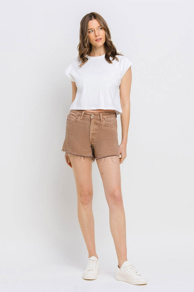 Vervet by Flying Monkey Super High Rise Raw Hem Mom Shorts In Warm Taupe-Shorts-Vervet by Flying Monkey-Deja Nu Boutique, Women's Fashion Boutique in Lampasas, Texas