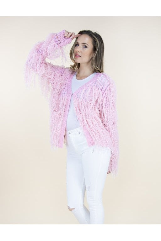 Very Moda Pink Long Hair Shaggy Jacket-Sweaters-Very Moda-Deja Nu Boutique, Women's Fashion Boutique in Lampasas, Texas