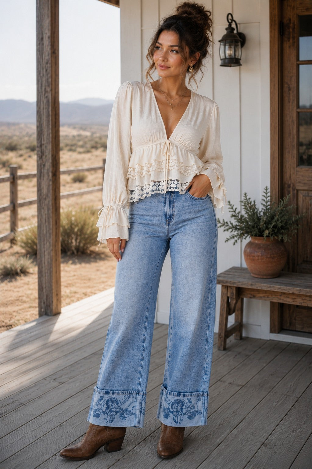 Vine & Love Lace Accent Front Tie Blouse – Cream-Tops-Vine & Love-Deja Nu Boutique, Women's Fashion Boutique in Lampasas, Texas
