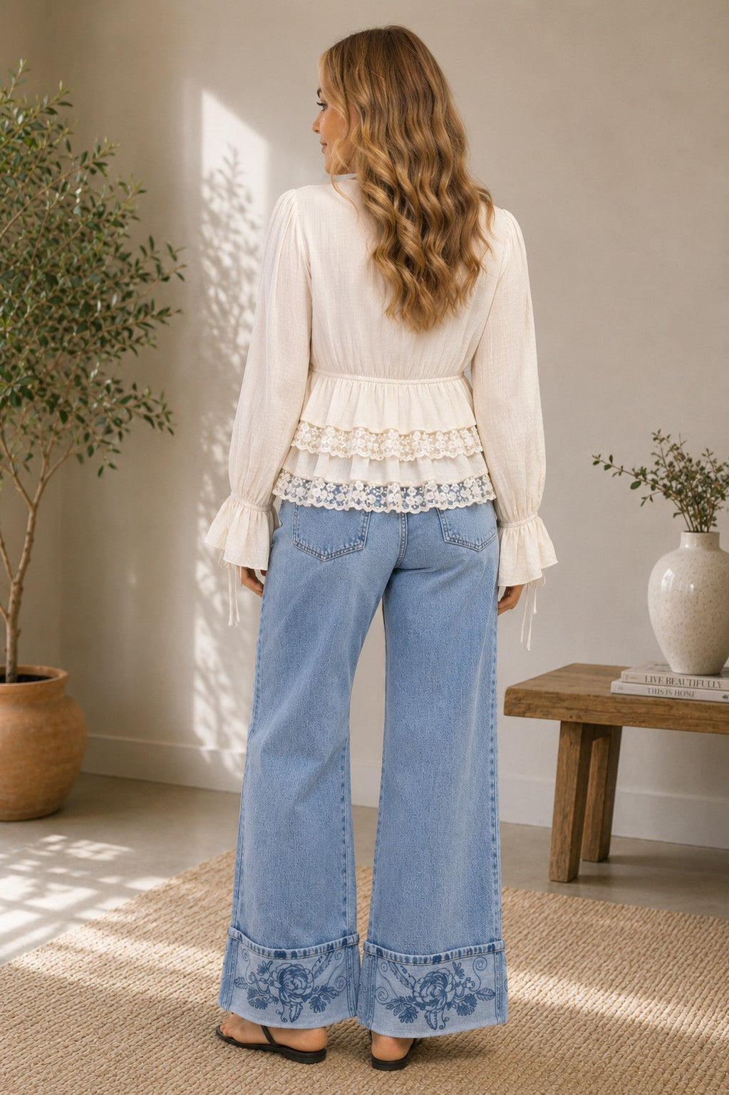Vine & Love Lace Accent Front Tie Blouse – Cream-Tops-Vine & Love-Deja Nu Boutique, Women's Fashion Boutique in Lampasas, Texas
