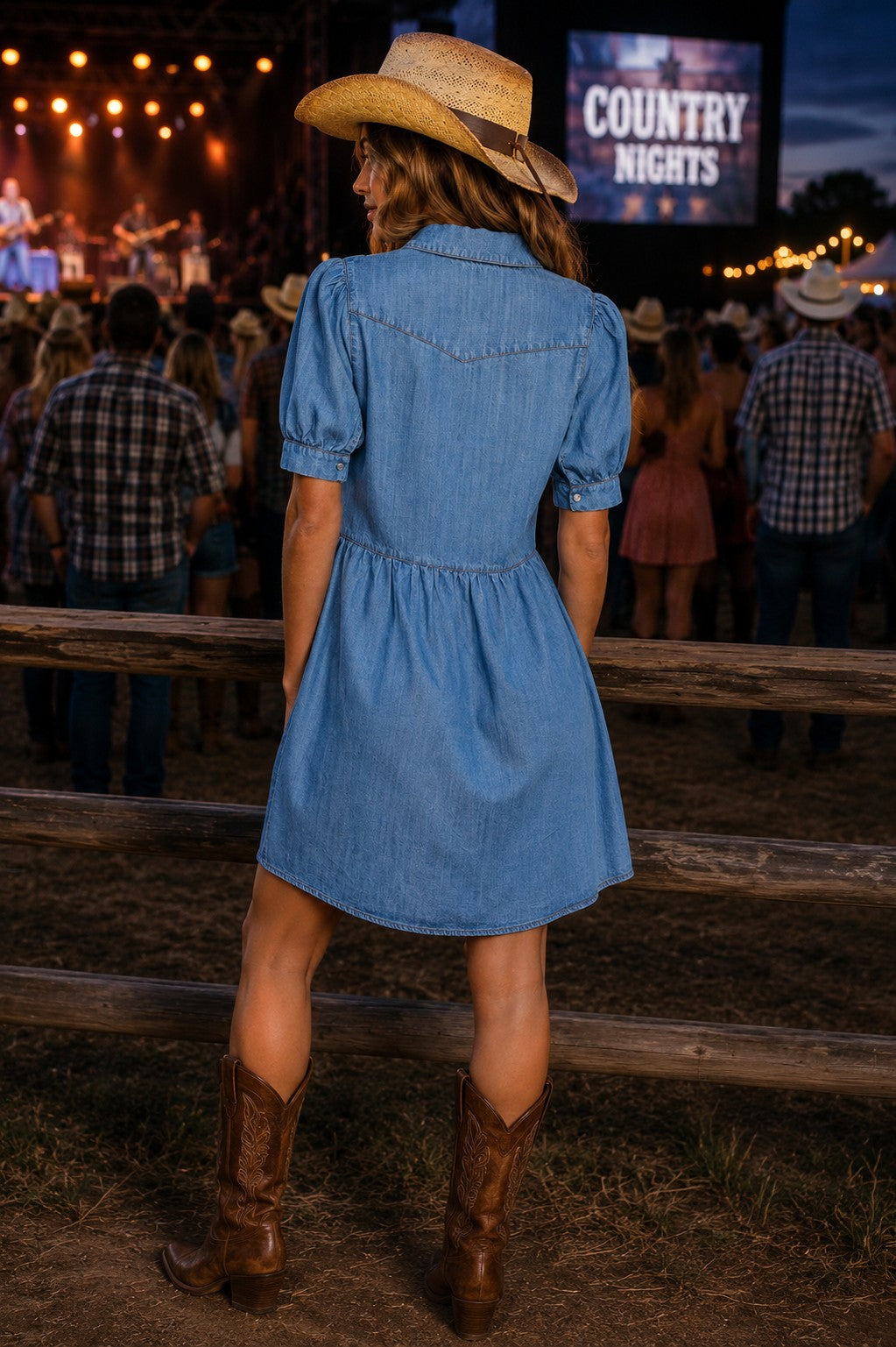 Vine & Love Short Sleeve Chambray Denim Mini Dress