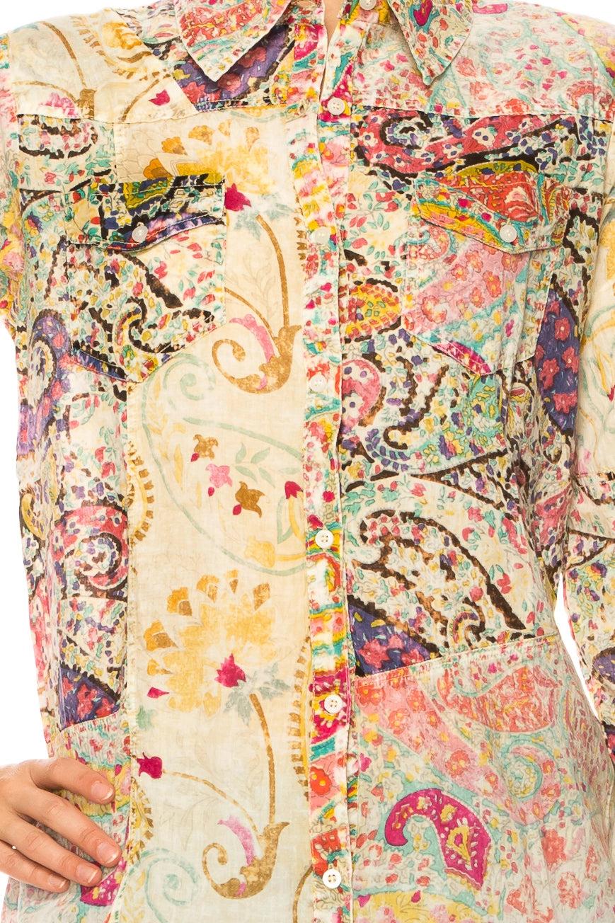 Vintage Goa Taupe Paisley Patchwork Shirt With Vintage Wash-Tops-Vintage Goa-Deja Nu Boutique, Women's Fashion Boutique in Lampasas, Texas