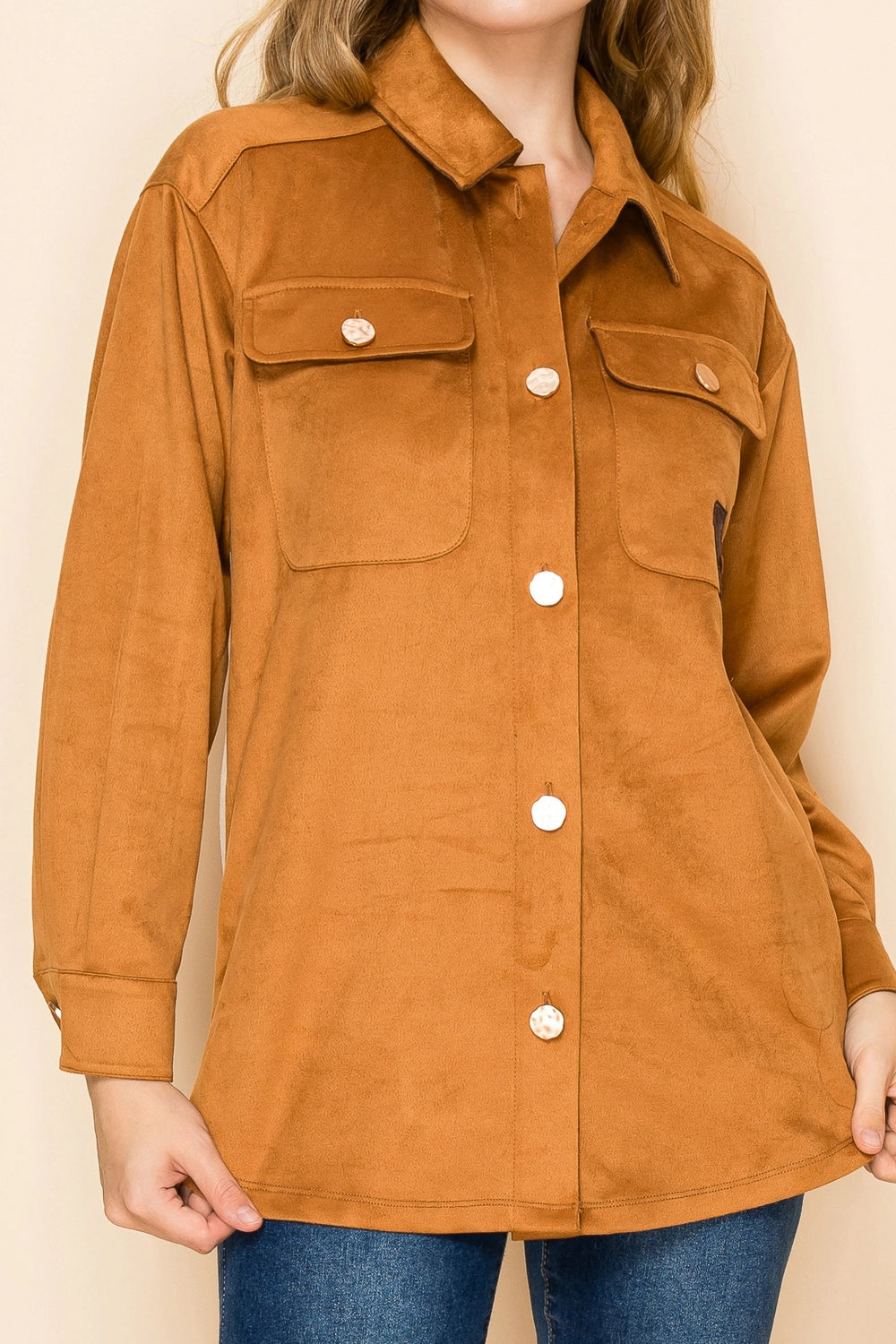 W.A.Y Suede Button Down Patchwork Shirt in Brown Horse-shirts-WAY-Deja Nu Boutique, Women's Fashion Boutique in Lampasas, Texas