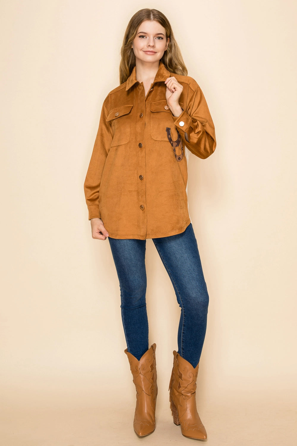 W.A.Y Suede Button Down Patchwork Shirt in Brown Horse-shirts-WAY-Deja Nu Boutique, Women's Fashion Boutique in Lampasas, Texas