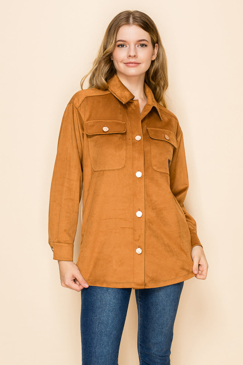 W.A.Y Suede Button Down Patchwork Shirt in Brown Horse-shirts-WAY-Deja Nu Boutique, Women's Fashion Boutique in Lampasas, Texas