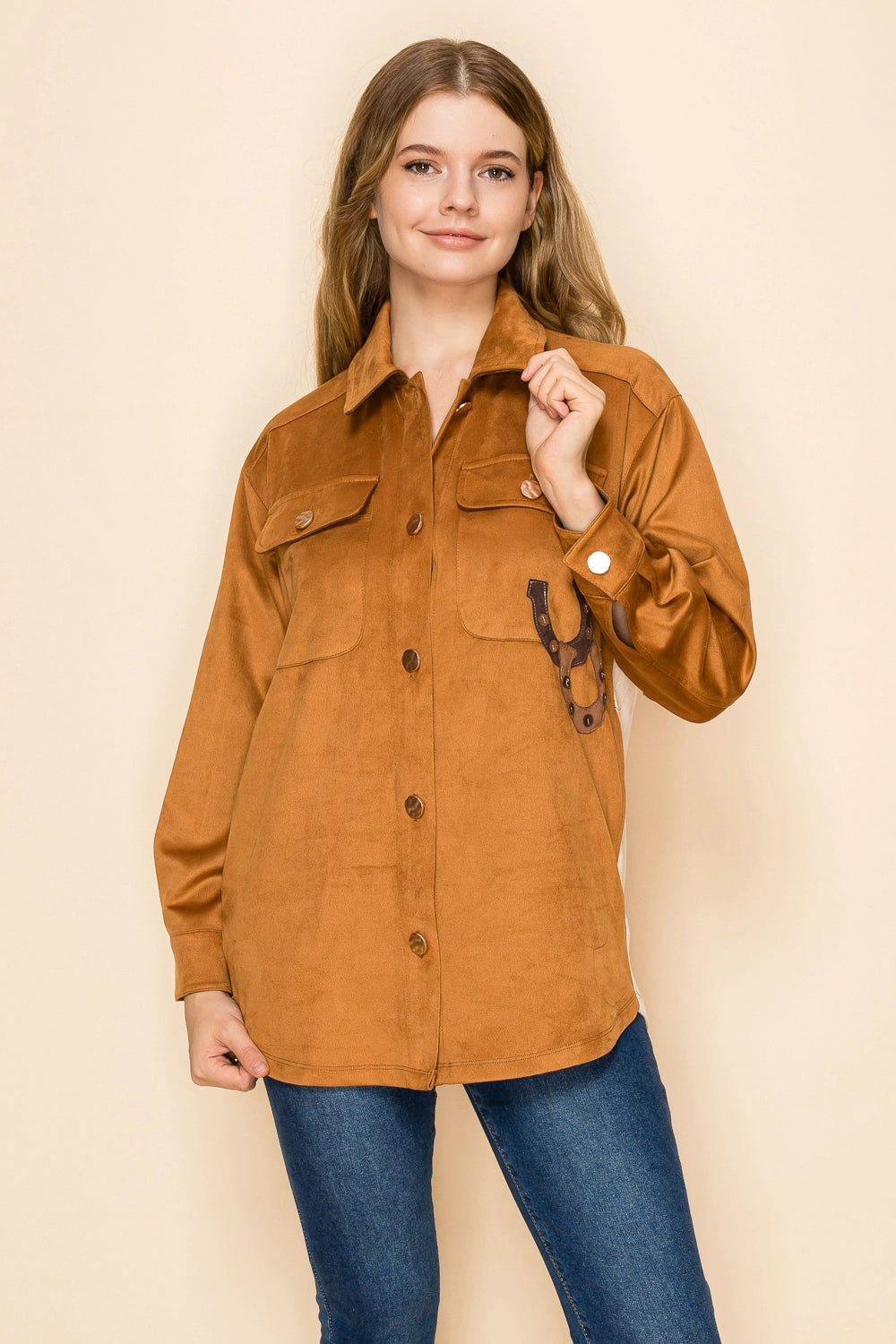 W.A.Y Suede Button Down Patchwork Shirt in Brown Horse-shirts-WAY-Deja Nu Boutique, Women's Fashion Boutique in Lampasas, Texas