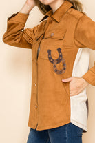 W.A.Y Suede Button Down Patchwork Shirt in Brown Horse-shirts-WAY-Deja Nu Boutique, Women's Fashion Boutique in Lampasas, Texas