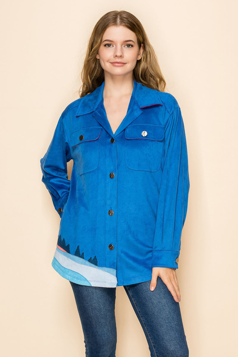 W.A.Y Suede Button Down Shirt in Blue Mountain-shirts-WAY-Deja Nu Boutique, Women's Fashion Boutique in Lampasas, Texas