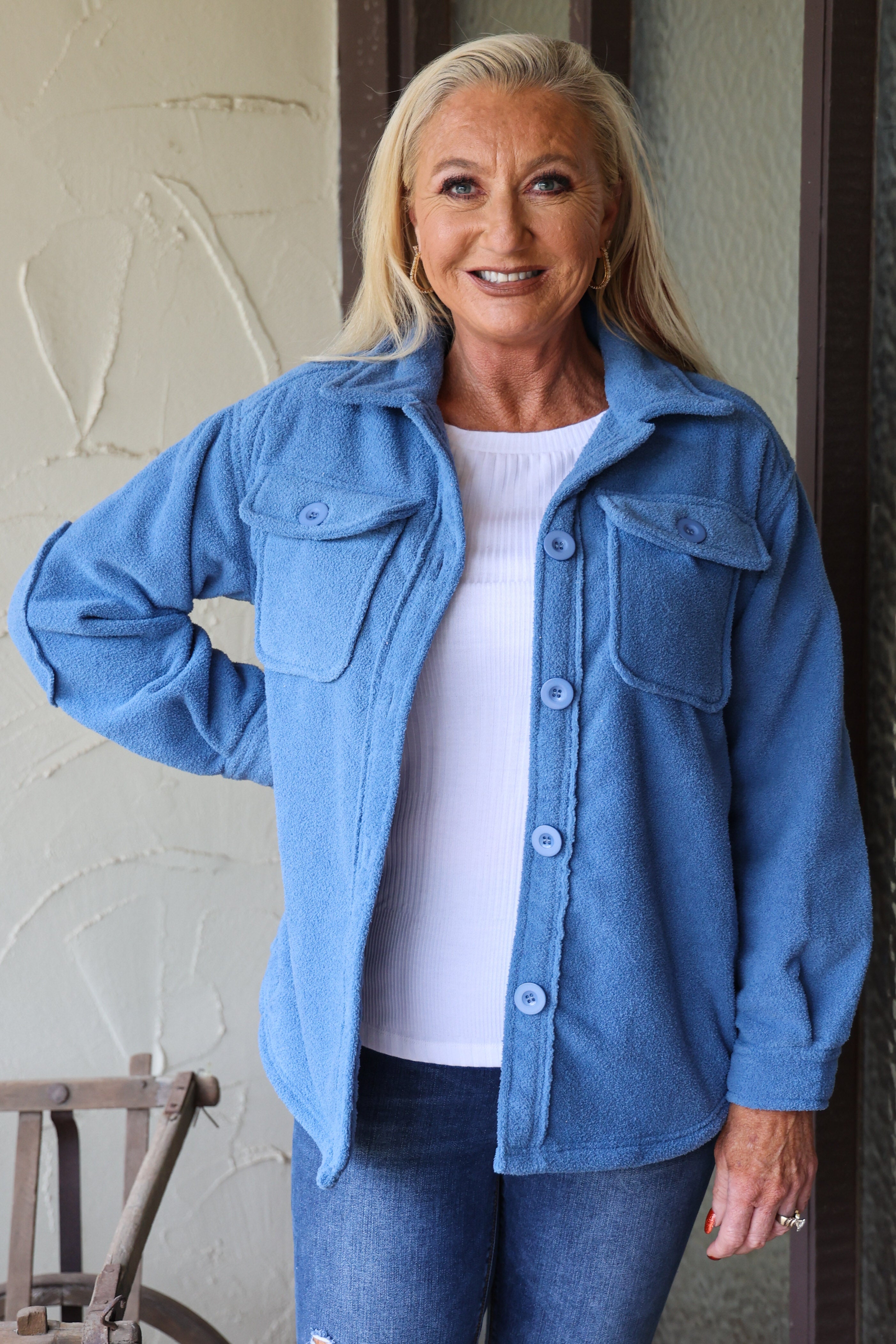 W.A.Y Wonderful And Young Blue Fuzzy Jacket-Jackets-WAY-Deja Nu Boutique, Women's Fashion Boutique in Lampasas, Texas