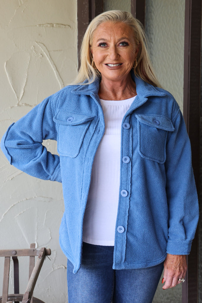 W.A.Y Wonderful And Young Blue Fuzzy Jacket-Jackets-WAY-Deja Nu Boutique, Women's Fashion Boutique in Lampasas, Texas