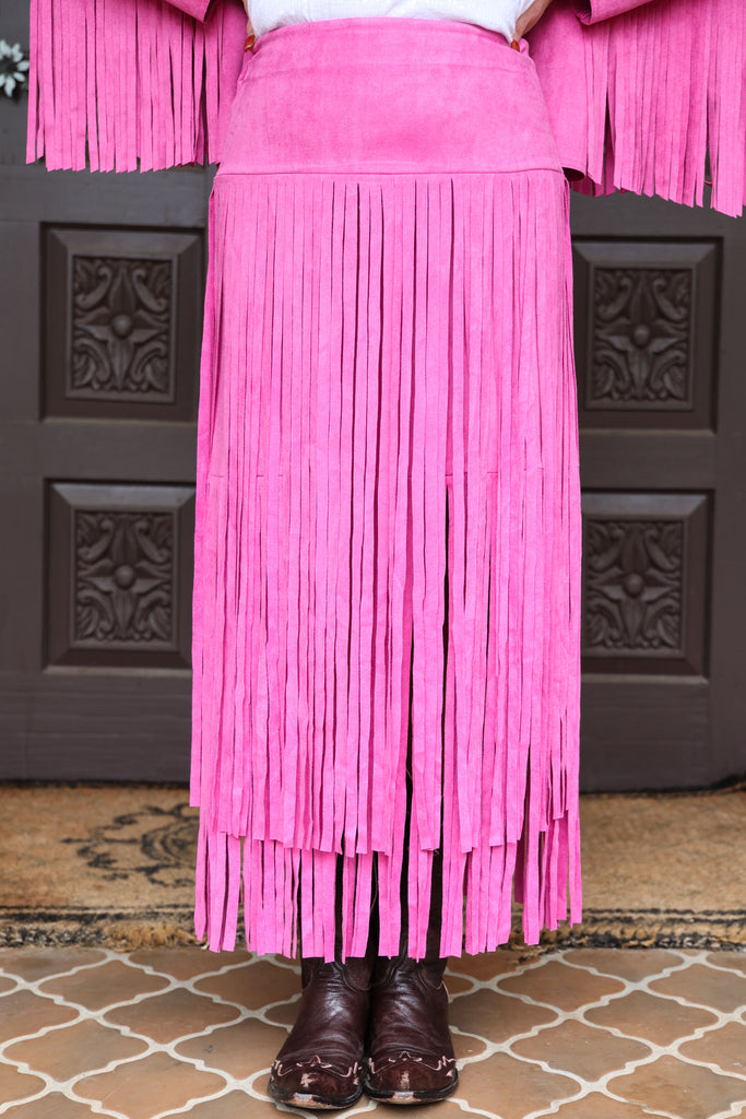 W.A.Y Wonderful And Young Faux Suede Midi Fringe Skirt In Hot Pink-Skirts-WAY-Deja Nu Boutique, Women's Fashion Boutique in Lampasas, Texas