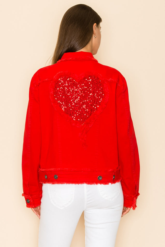 W.A.Y Wonderful And Young Red Cotton Twill Sequin Heart Jacket-Jackets-WAY-Deja Nu Boutique, Women's Fashion Boutique in Lampasas, Texas