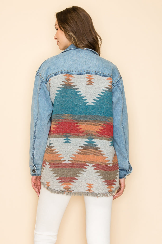 W.A.Y Wonderful & Young Denim Oversized Aztec Jacket With Studs-Jackets-WAY-Deja Nu Boutique, Women's Fashion Boutique in Lampasas, Texas