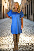 W.A.Y Wonderful & Young Short Sleeve Suede Dress In Royal Blue Small W.A.Y Wonderful & Young Short Sleeve Suede Dress In Royal Blue Small