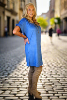 W.A.Y Wonderful & Young Short Sleeve Suede Dress In Royal Blue-Short Dresses-WAY-Deja Nu Boutique, Women's Fashion Boutique in Lampasas, Texas