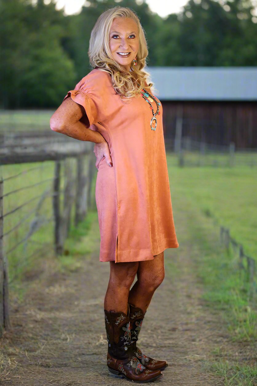 W.A.Y Wonderful & Young Short Sleeve Suede Dress In Tawny Orange-Short Dresses-WAY-Deja Nu Boutique, Women's Fashion Boutique in Lampasas, Texas