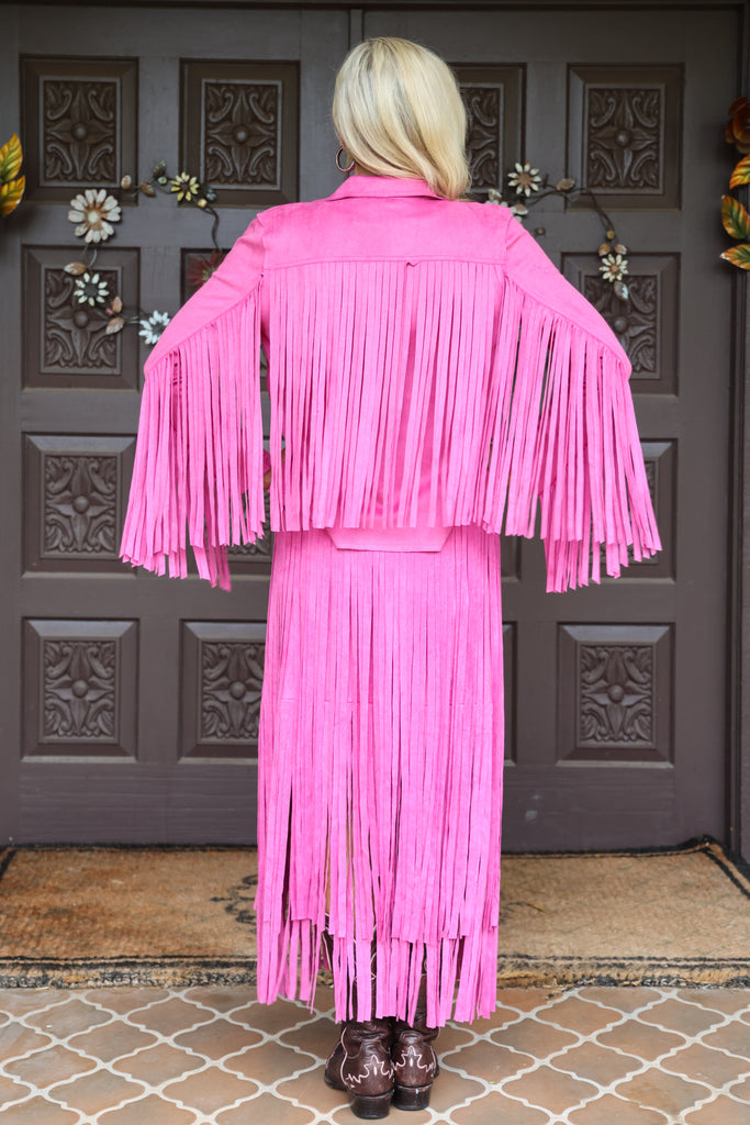 W.A.Y Wonderful & Young Suede Fringe Jacket In Hot Pink-Jackets-WAY-Deja Nu Boutique, Women's Fashion Boutique in Lampasas, Texas
