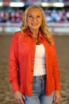 W.A.Y Wonderful & Young Suede Red Snap Front Shirt-shirts-W.A.Y Wonderful & Young-Deja Nu Boutique, Women's Fashion Boutique in Lampasas, Texas