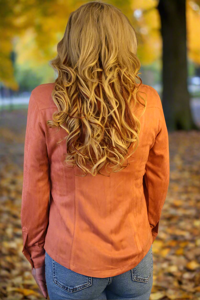 W.A.Y Wonderful & Young Suede Tawny Orange Snap Front Shirt-shirts-WAY-Deja Nu Boutique, Women's Fashion Boutique in Lampasas, Texas