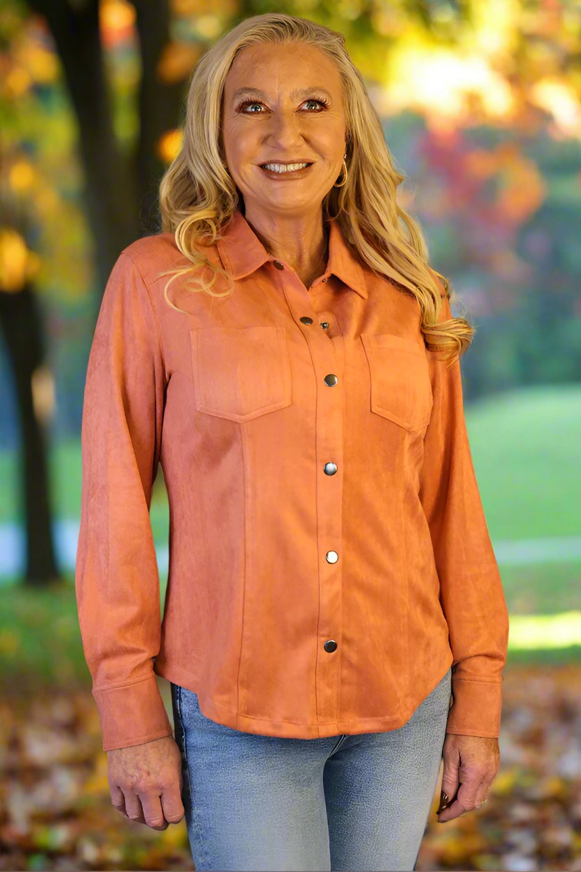 W.A.Y Wonderful & Young Suede Tawny Orange Snap Front Shirt-shirts-W.A.Y Wonderful & Young-Deja Nu Boutique, Women's Fashion Boutique in Lampasas, Texas