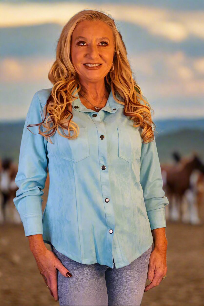 W.A.Y Wonderful & Young Suede Turquoise Snap Front Shirt-shirts-W.A.Y Wonderful & Young-Deja Nu Boutique, Women's Fashion Boutique in Lampasas, Texas