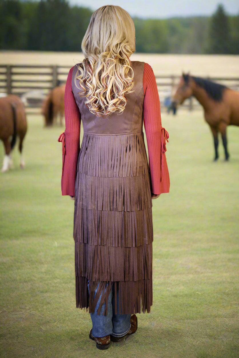 W.A.Y Wonderful & Young Western Tiered Long Fringe Suede Vest In Brown-Vest-WAY-Deja Nu Boutique, Women's Fashion Boutique in Lampasas, Texas