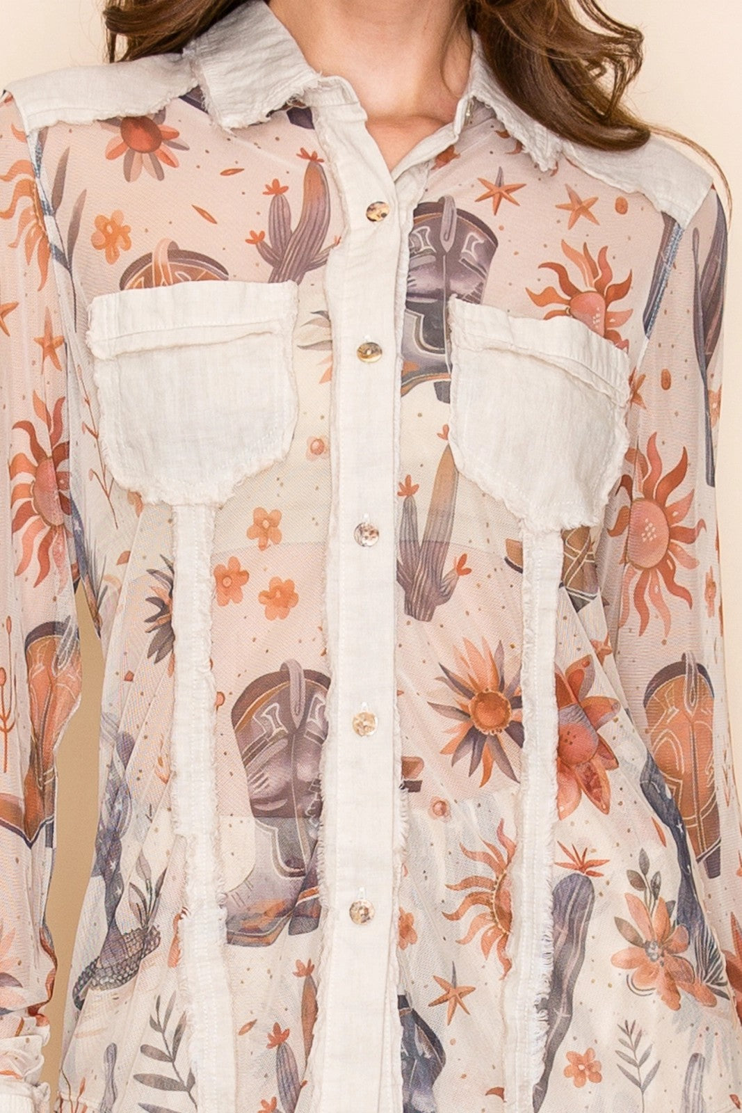W.A.Y Wonderful & Young Desert Sun Western Mesh Snap Front Blouse-Tops-WAY-Deja Nu Boutique, Women's Fashion Boutique in Lampasas, Texas