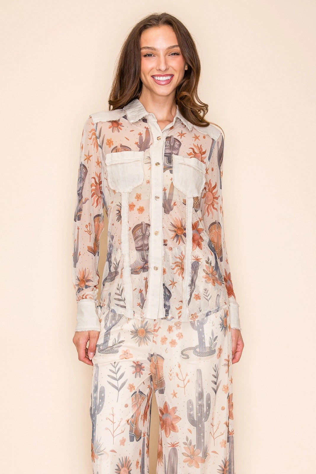 W.A.Y Wonderful & Young Desert Sun Western Mesh Snap Front Blouse-Tops-WAY-Deja Nu Boutique, Women's Fashion Boutique in Lampasas, Texas