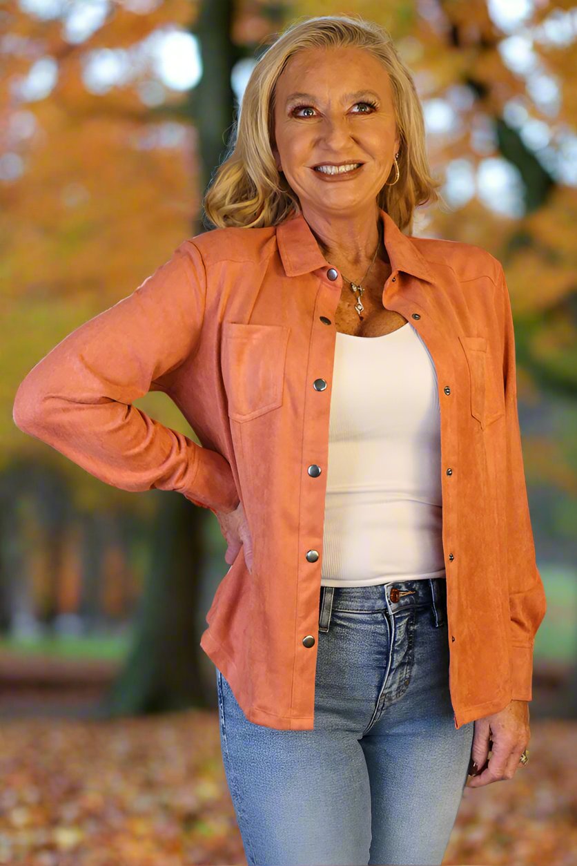 W.A.Y Wonderful & Young Suede Tawny Orange Snap Front Shirt-shirts-WAY-Deja Nu Boutique, Women's Fashion Boutique in Lampasas, Texas